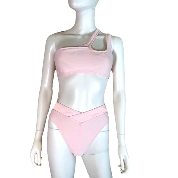 J.CREW Cheeky Cross Over Bikini Bottoms High Rise & 2 Strap Top 2PCS Pink Ribbed - Picture 1 of 14